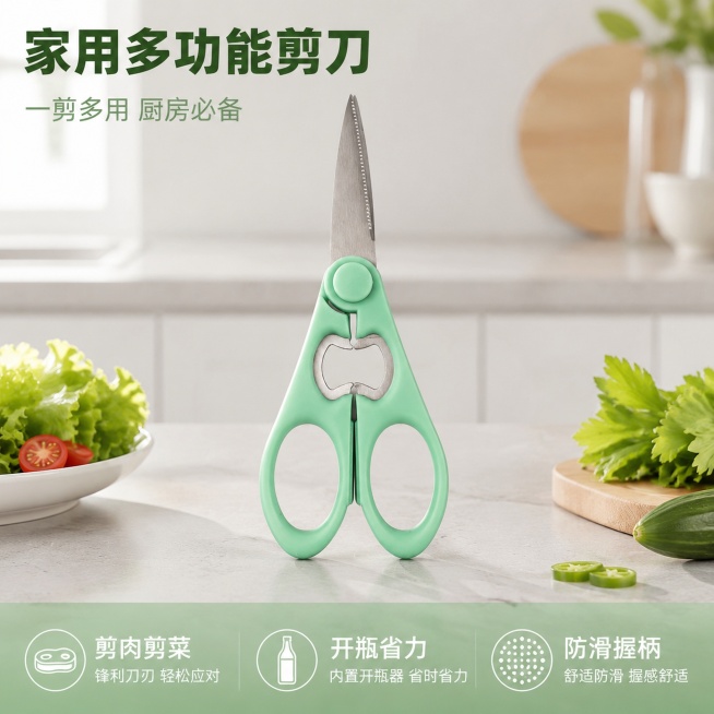 [主图-1] 家用多功能厨房剪刀首图，突出产品实用价值
[氛围风格] 简洁明亮的厨房场景，拼多多风格直白醒目
[画质] 商业摄影质感、光线柔和通透、产品清晰真实、画面干净高级
[元素] 浅绿色手柄不锈预览效果