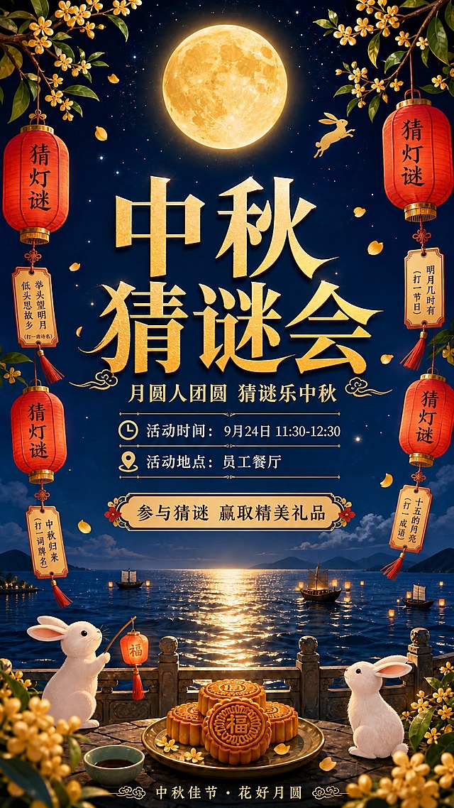 保持这张海报的所有画面元素、构图、配色、灯笼、月亮、兔子、月饼、桂花、海面、小船、栏杆等全部内容和布局完全不变，只将画面中所有的文字字体替换为可商用字体。主标题"中秋猜谜会"使用可商用的宋体/衬线字体，保持金色渐变效果和原有大小、位置；灯笼上的灯谜文字、副标题、活动时间地点、引导语、底部装饰文字等所有文字均替换为清晰好看的可商用字体（宋体或无衬线体），保持原有颜色、大小和位置不变。整体画面风格、元素布局、氛围与原图完全一致，仅字体更换为可商用字体。