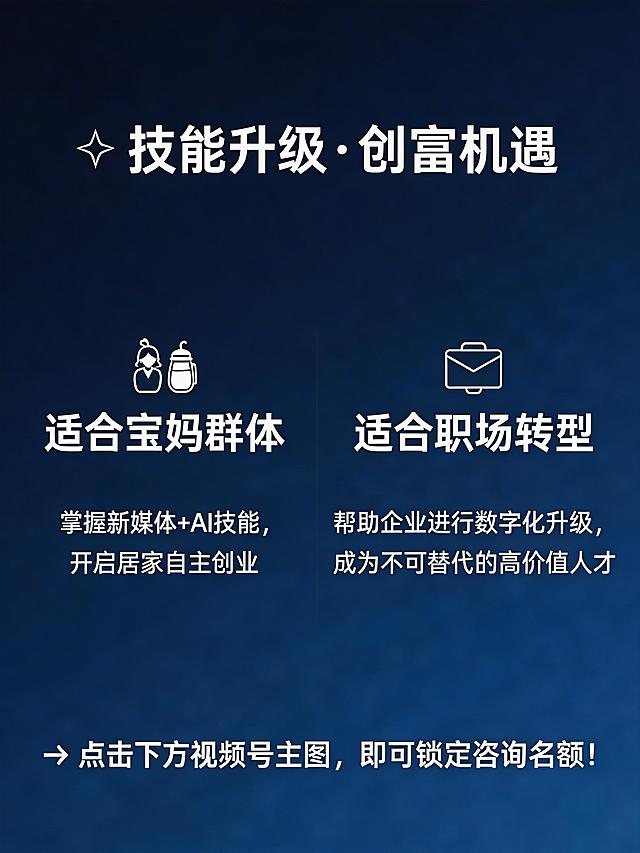 适合人群宣传海报，突出"适合宝妈群体：掌握新媒体+AI技能，开启居家自主创业"和"适合职场转型：帮助企业进行数字化升级，成为不可替代的高价值人才"，底部标注"点击下方视频号主图，即可锁定咨询名额！"，现代商务风格，统一深蓝色系