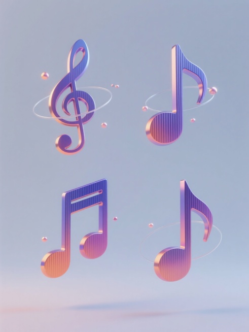 4个规整排布的音乐符号素材，每个符号保持简约现代的3D立体造型，整体风格统一，采用蓝紫渐变至粉橙的虹彩金属质感，带有细腻的纵向拉丝纹理，表面光滑并反射柔和高光，部分符号周围环绕着纤细的半透明圆环及点缀的微小光点，所有元素悬浮于纯色背景之上，无任何文字、logo或水印。预览效果