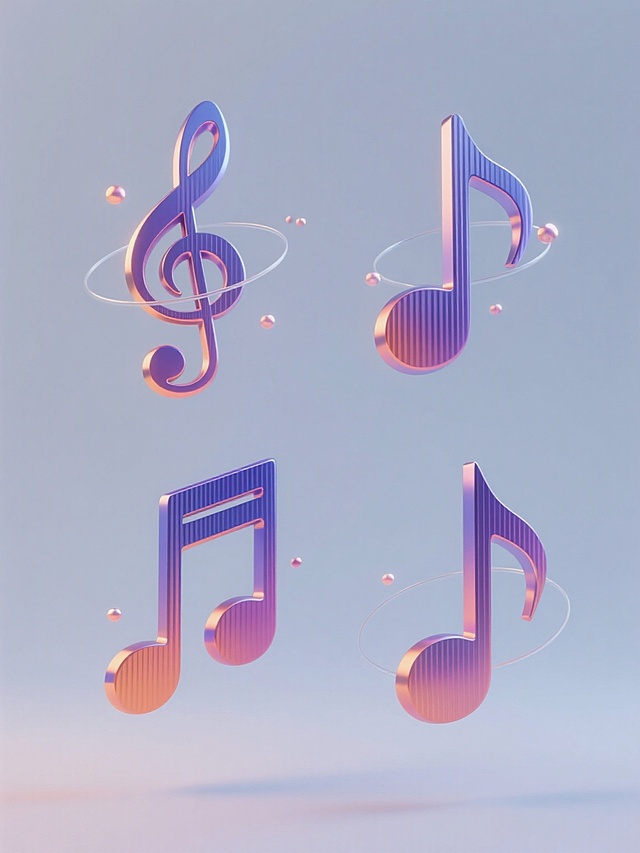 4个规整排布的音乐符号素材，每个符号保持简约现代的3D立体造型，整体风格统一，采用蓝紫渐变至粉橙的虹彩金属质感，带有细腻的纵向拉丝纹理，表面光滑并反射柔和高光，部分符号周围环绕着纤细的半透明圆环及点缀的微小光点，所有元素悬浮于纯色背景之上，无任何文字、logo或水印。