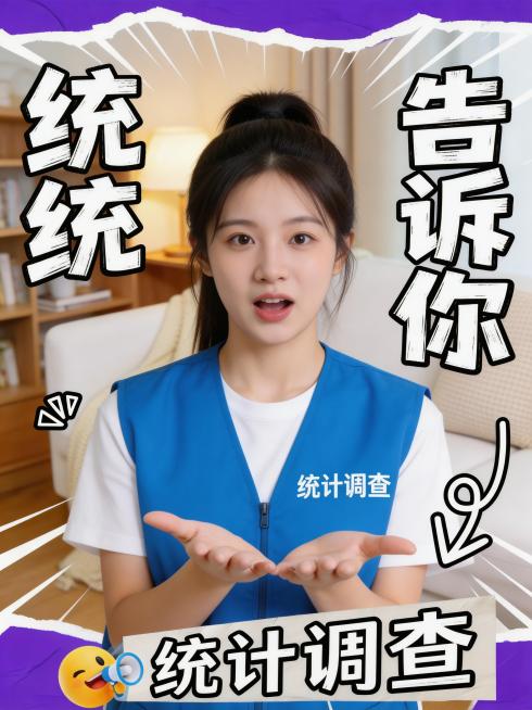 参考图2的小红书封面排版样式。
将图2中的人物替换为图1中的年轻女生，保持图1人物的面部特征不变，修改为扎马尾，穿着蓝马甲，马甲上写着"统计调查"。
动作与图2保持一致，且手部、肢体细节与肤色质感必须预览效果