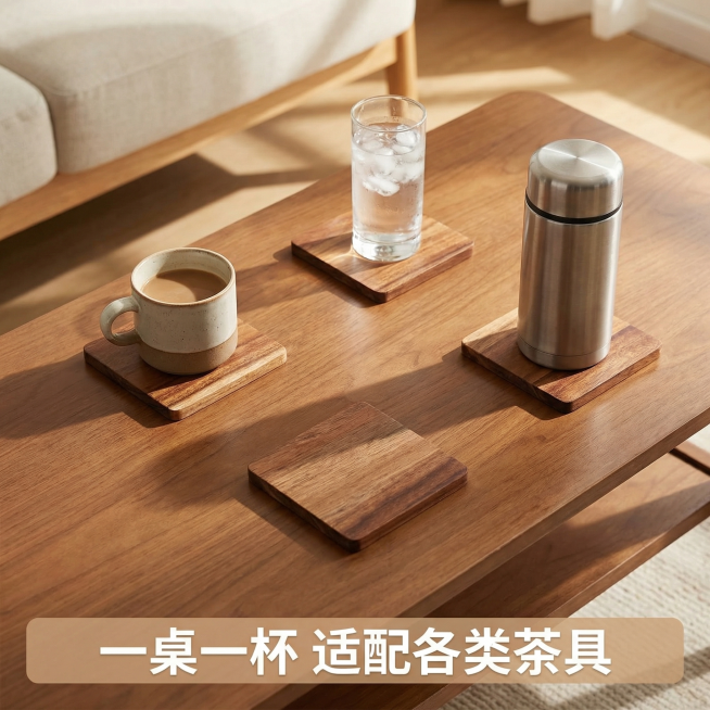 [主图 4] 多场景使用展示图
[氛围/风格] 温馨家居风，自然生活氛围感。
[画面元素] 客厅木质茶几上，摆放4块不同位置的杯垫，分别放上马克杯、玻璃杯、保温杯，展示杯垫的日常使用场景，桌面干净整洁预览效果