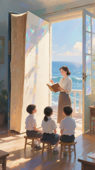 巨型书本化作门框（书页展开成门的形态），连接室内与海景。一位女教师手持书本，给三个坐姿乖巧的孩子讲课，阳光透过窗户洒入，营造温暖氛围。预览效果