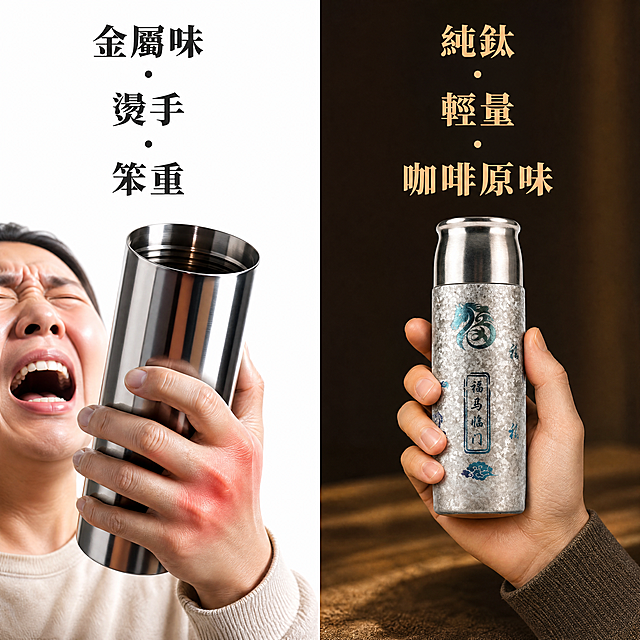 [主图-5 对比图]左右分屏对比。左边，一只手拿着一个亮光不锈钢杯，表情痛苦，杯壁反光刺眼，配繁体字：“金屬味 · 燙手 · 笨重”；右边，同一只手握着我们的哑光纯钛双层杯，表情放松，杯身不反光，保持纯钛双层杯的外观、物理结构、冰花工艺材质质感、福马临门装饰图案与输入产品图绝对一致，杜绝任何变形和色差，精细化处理，配繁体字：“純鈦 · 輕量 · 咖啡原味”。背景左边为刺眼白色，右边为温暖暗调。视觉化展示解决痛点，对比清晰。文字排版：左右分屏对应文字，清晰对比。比例分辨率：1:1 比例，4k 分辨率，文字清晰可辨，超高清。所有图片上的文字为繁体字。负向提示词：变形，水印，文字错乱，产品图模糊，背景杂乱。