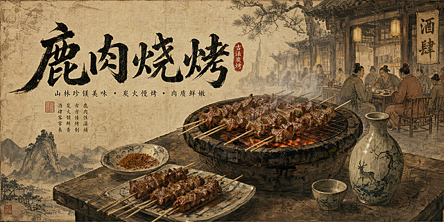 宋代古风风格鹿肉烧烤海报，横版，画面呈现古画风炭火烤制鹿肉，中式酒肆场景，毛笔书法标题"鹿肉烧烤"，古风配景木桌瓷盘，色调古朴雅致