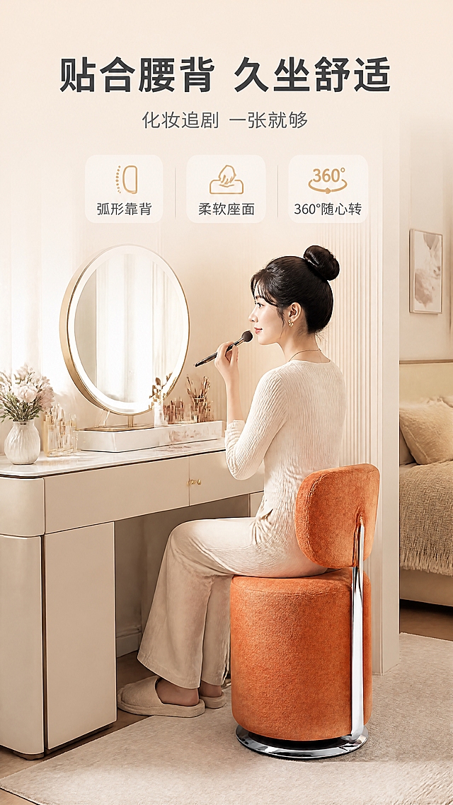 [商品] 使用【图1】右侧橙色款B2524B妆凳；保留圆形座面、弧形靠背、镜面不锈钢底座、360°旋转结构、橙色肤感绒颜色与整体比例；增强绒面与金属质感，去除原背景，不改变产品结构。
[画面] 目标：真人使用沉浸体验，展示坐感舒适与化妆场景。上文下景构图，顶部约1/5为文案区，下方为卧室梳妆台场景。一位亚洲女性侧身坐在妆凳上，正对化妆镜整理妆容，身体自然放松，体现靠背贴合与坐姿舒适。妆凳位于画面中下部偏右，主体占画面约55%，45°侧视角度。前景：地毯与梳妆台底部；中景：妆凳、女性上半身、梳妆台与化妆品；后景：浅米色墙面、窗纱与柔和自然光。整体明亮温馨，突出居家使用氛围。
[视觉] 套系策略：风格=轻奢现代高级家居商业摄影；标题字=现代无衬线粗体；正文字=简洁无衬线体；主色=奶杏米白；背景延展=基于奶杏米白做深浅层级、同色渐变与细腻墙面/织物质感；强调色=香槟金，仅用于小面积图标、引线、标签和局部高光；标题色=深炭灰；正文色=中暖灰；组件=圆角浅底信息卡、细线引线、香槟金点缀；光影=左前侧暖自然光，人物与产品受光均匀，氛围柔和。
[文字] 顶部主标题“贴合腰背 久坐舒适”，副标题“化妆追剧 一张就够”，下方3个短卖点“弧形靠背”“柔软座面”“360°随心转”；文字均横排，位于画面上方，不遮挡人物脸部与产品主体。
[规格] 图片比例9:16竖版，4K，负向提示：避免人物面部畸形、手部怪异、产品变形、颜色改变、文字竖排、冷色调、绝对化用语。