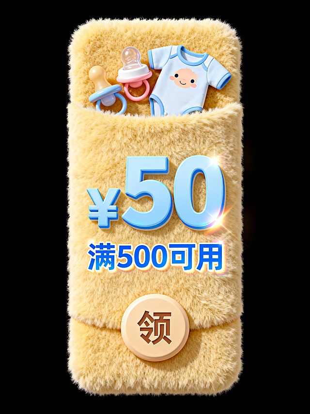 3D毛绒质感红包，融合卡通奶嘴与婴儿服，萌趣温馨，重拟物风设计，突出促销优惠，传递可爱与节日喜庆氛围。