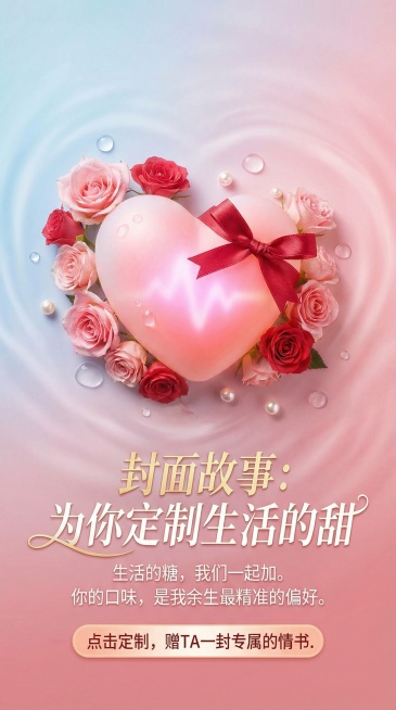 封面故事：为你定制生活的甜

以蓝粉渐变的爱意为底色，立体心跳承载誓言。环绕的蔷薇，剔透的水滴与珍珠，是爱里细碎的星光与永恒。一颗亲手系上的红色蝴蝶结，将这一切浪漫打包，赠予你。

文案：生活的糖，我预览效果
