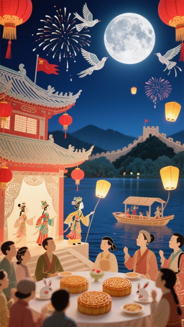 中国传统皮影戏风格，墨蓝夜空悬着一轮饱满的圆月和绚烂的烟花，天空中有展翅飞翔的和平鸽，银色的月光洒在故宫城楼的飞檐上，檐角下挂满了红彤彤的灯笼，灯笼穗子随风轻晃，与楼前飘扬的红色旗帜相互映衬。远处是山预览效果