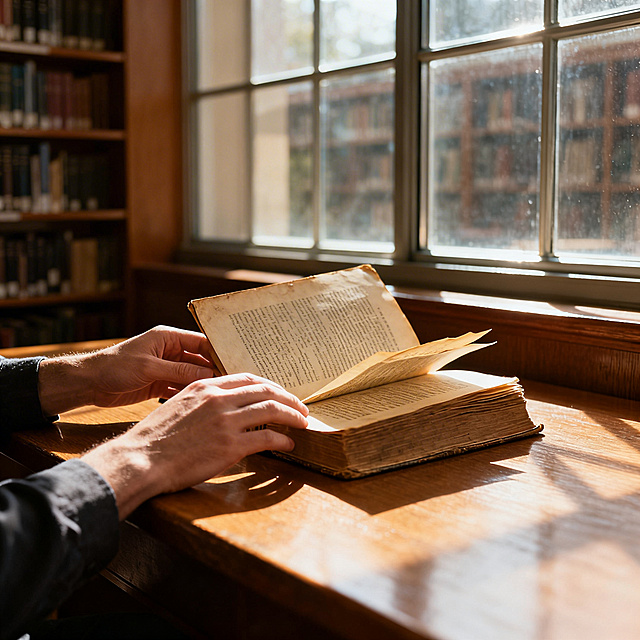 安静的图书馆场景，阳光透过玻璃窗洒入，一双手正在木质书桌前轻轻翻动一本摊开的旧书，书页微微扬起，书架背景隐约可见，氛围宁静且富有书香气息，暖调光线，高清写实风格