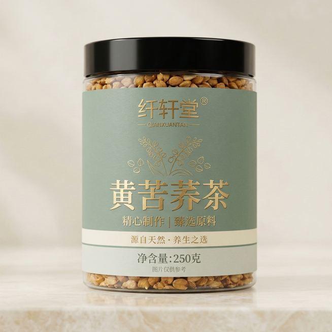 为这罐黄苦荞茶重新设计包装标签，保持原有品牌名纤轩堂、产品名黄苦荞茶、净含量250克的信息，风格走高级轻奢路线，用低饱和度莫兰迪色调搭配哑光烫金质感文字，排版简洁有层次感，凸显天然养生的产品属性预览效果