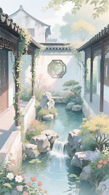 插画，治愈，新工笔，柔光淡彩。江南小院，古式圆形窗牗，长廊，藤蔓，流水，假山，花草，古风，色彩简单柔和，简约，饱和度高。远景，俯瞰。预览效果