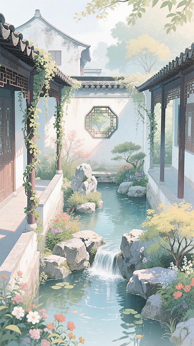 古典中式园林，水彩插画风，清新唯美，花木繁茂，流水潺潺，尽显雅致。