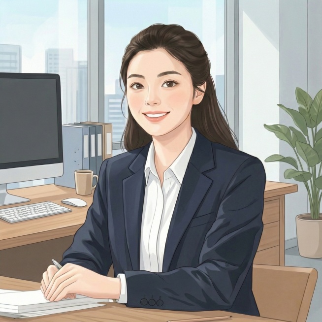 让人物面带微笑，将服装更换为西装搭配白衬衫，背景替换为办公室场景，保留人物发型、面貌和pose预览效果