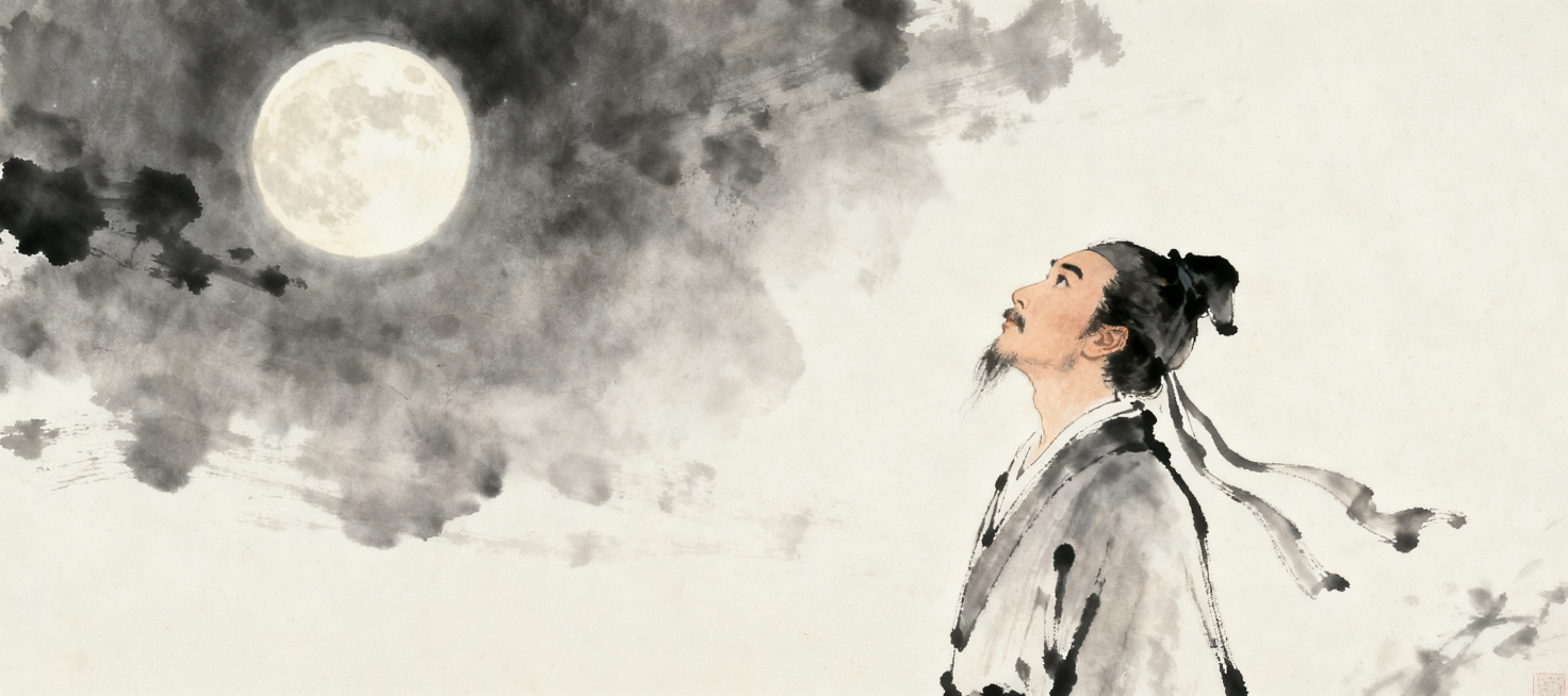 李白抬头望明月的古风画，古风中国水墨画风格，意境悠远，古典雅致，夜晚月光洒下，李白身着古装仰头望向天空中的明月预览效果