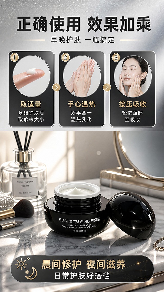 [商品] 使用【图5】己洽高浓度玻色因抗皱面霜开盖状态；保留黑色圆润瓶身、黑色瓶盖、奶白色膏体；产品外观、颜色、材质、膏体颜色全部保真。
[画面] 目标：使用步骤+场景种草页，展示正确用法与日常使用场景。构图：上半部分为3步使用步骤横向排列（取量→温热→按压涂抹），每步配小图与文字；下半部分为梳妆台场景，面霜放置于大理石台面，旁边有香薰、化妆刷、镜子等氛围感道具，晨光从侧面照入；阅读动线从上到下：3步使用法→场景大图。
[视觉] 套系策略：风格=高端黑银科技感商业摄影，拼多多高信息密度详情页；标题字=粗黑体加粗醒目；正文字=简洁无衬线中黑体；主色=深邃黑+银灰；背景延展=基于黑银做深浅渐变、水光粒子、细腻金属质感层次；强调色=香槟金，仅用于小面积图标、引线、标签和高光点缀；标题色=深炭灰（本页场景图用深色字）；正文色=中灰；组件=圆角银边信息卡、细线引线、圆形icon胶囊；光影=晨间自然侧光，温暖柔和，场景有生活氛围感。
[文字] 顶部主标题"正确使用 效果加乘"，副标题"早晚护肤 一瓶搞定"；3步步骤：1.「取适量」基础护肤后取珍珠大小；2.「手心温热」双手合十温热乳化；3.「按压吸收」轻按面部至吸收；底部场景文案："晨间修护 夜间滋养 日常护肤好搭档"；文字全部横向排版，字号大，移动端清晰可读。
[规格] 图片比例9:16竖版，4K，负向提示：避免变形、错字、文字过小、医疗功效承诺、绝对化用语、拼多多平台Logo。