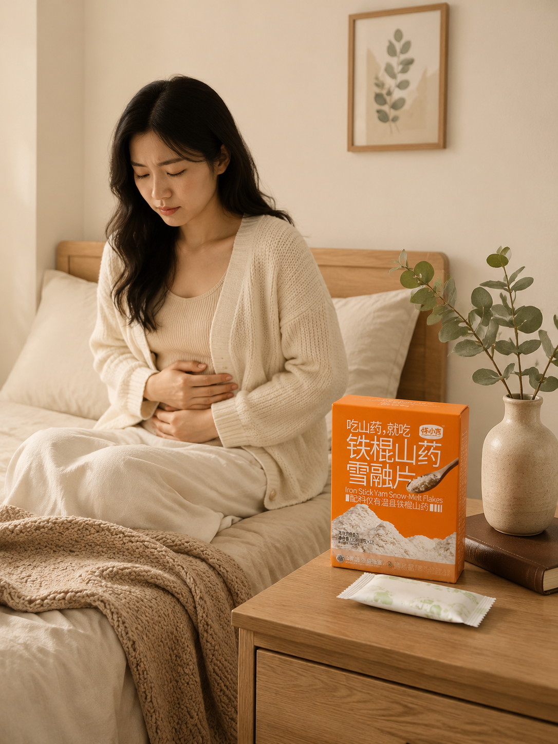 铁棍山药雪融片产品（含橙色包装盒与独立小袋包装）严格参照上传产… - 图片创意预览