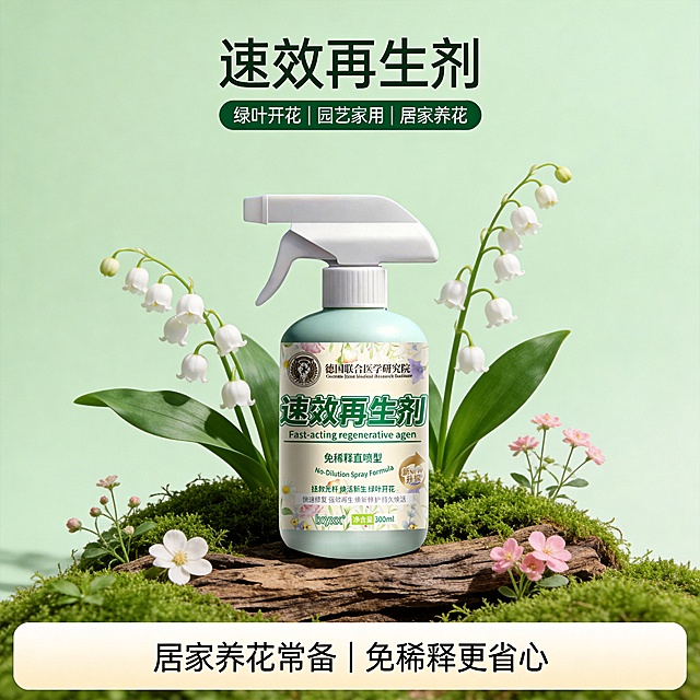 设计类型：电商主图
设计风格：清新自然、植物养护、专业科研感  花卉绿植元素 
主体：速效再生剂喷雾瓶    
装饰元素：主体放置在覆盖枯木上，周围有绿色苔藓、白色铃兰花、绿叶、粉色小花环绕，背景为浅绿色，光线柔和
色调：浅绿 + 米白 + 柔和花系配色，清新治愈
氛围：生机盎然、专业养护、温和有效
文字信息：
主标题：速效再生剂
卖点标签（置于同色块主标题下方）绿叶开花 | 园艺家用 | 居家养花
活动信息（置于浅米白渐变边框色块内、画面下部）：居家养花常备 |  免稀释更省心