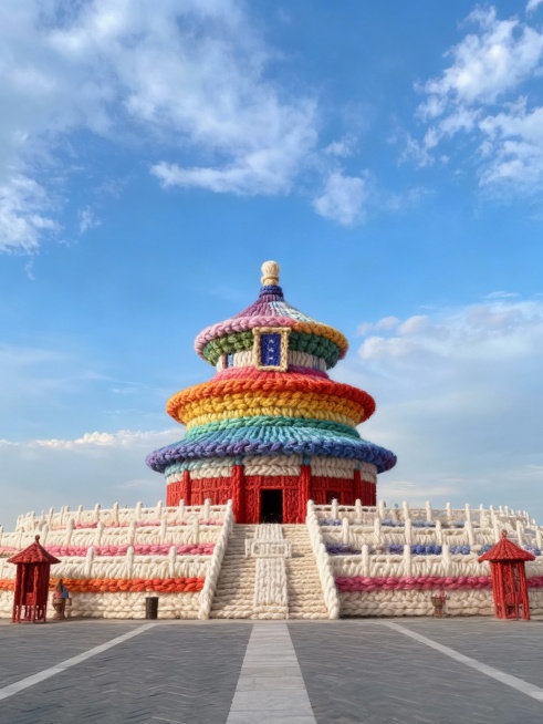 建筑整体呈现出全彩色毛线的风格，毛线有层次感，颜色为彩虹色调。建筑保留原始形状，各个部分都如同被几种颜色柔软的毛衣材质精心包裹预览效果