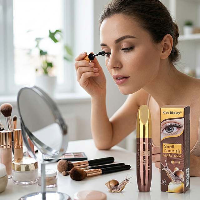 生成一张电商场景图，展示Kiss Beauty Snail Nourish MASCARA睫毛膏的真实美妆使用场景，一位女性正在使用这款睫毛膏化妆，营造自然真实的使用氛围，让买家有代入感，所有文字转换为英文