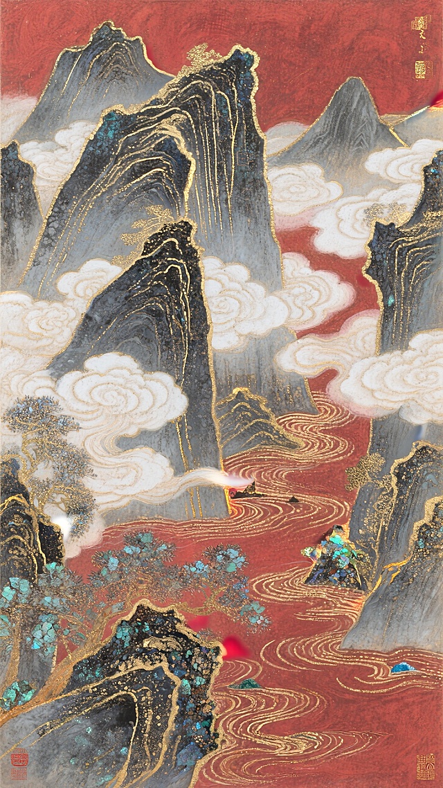 深红色背景，山水画，山水云暗纹