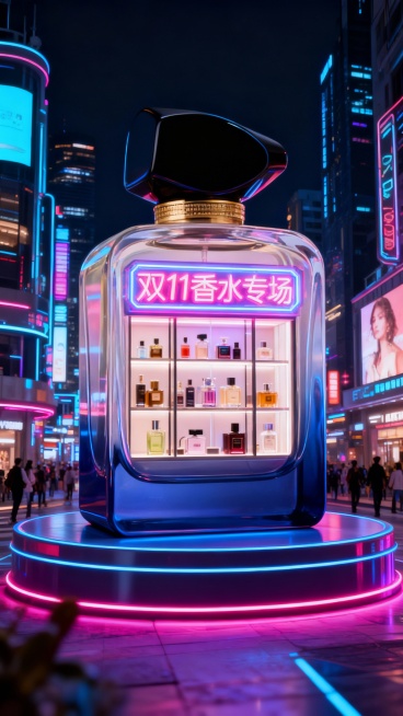 以科技感繁华街区为背景，中央是图中主体巨大化，主体倍放置在霓虹展台上，主体瓶身内设计成橱窗形式，无LOGO，瓶身内展示着各类香水。瓶身上挂着塑料霓虹灯牌效果“双11 香水专场”。预览效果