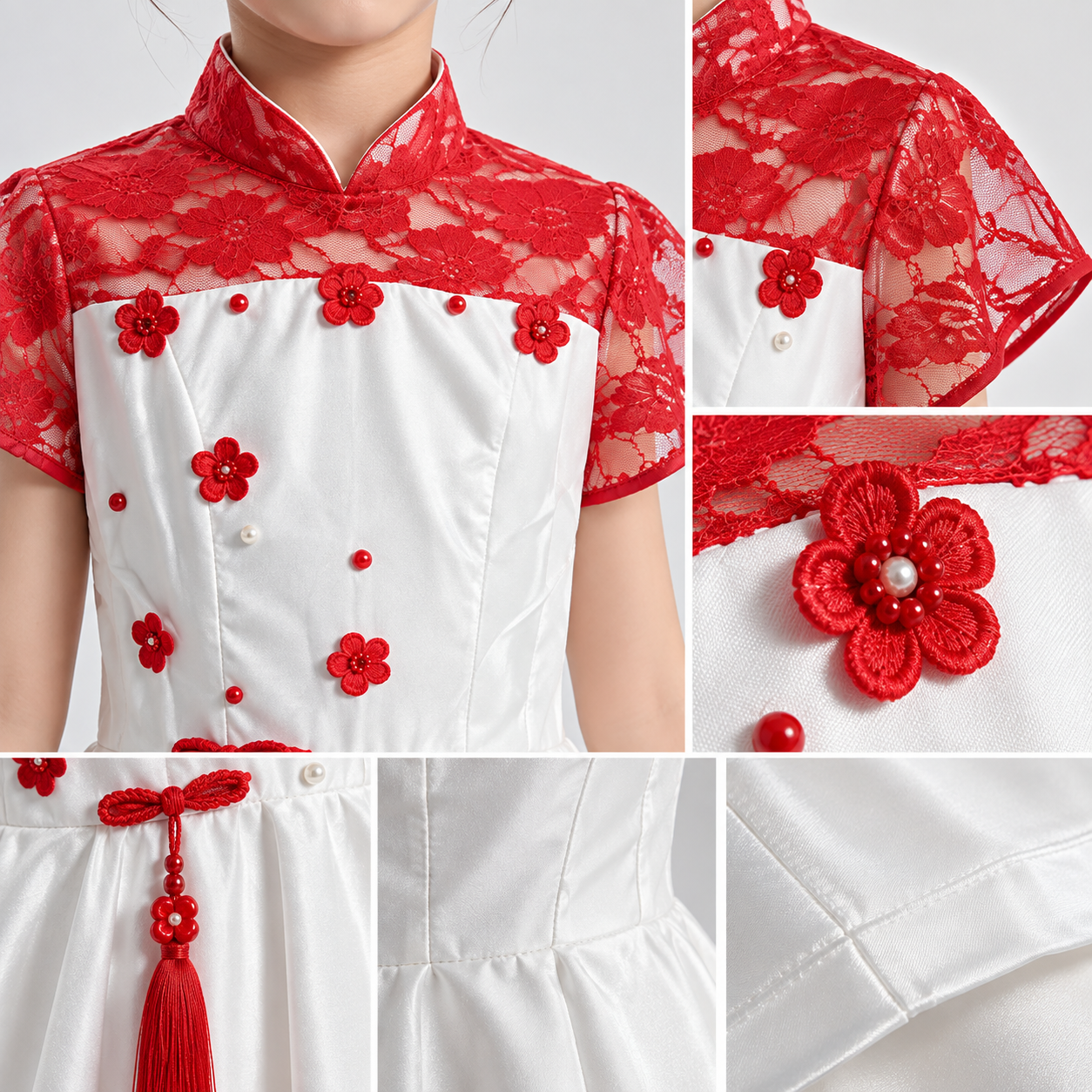 精细工艺细节特写图，儿童礼服上半身立领与红色蕾丝面料细节，蕾丝… - 图片创意预览