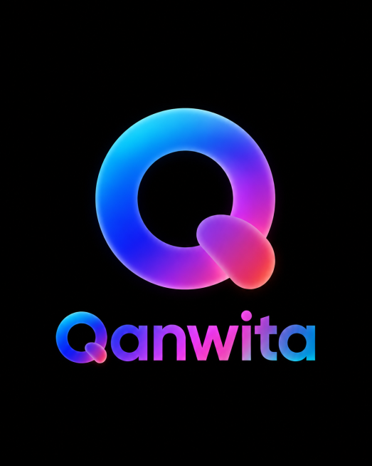 参考图片中渐变玻璃质感毛玻璃logo设计风格，黑底，生成包含文字"Qanwita"的潮流渐变logo预览效果