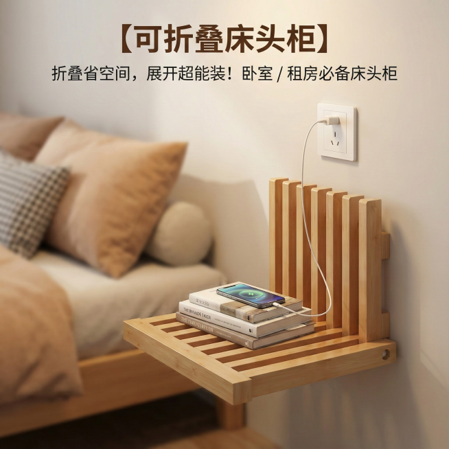这是一款折叠床头柜，换个背景，要在室内，在床边，温馨一点，简约一点，把背景虚化，在床头柜上放上书，床头柜上方墙上有个插座，手机正在充电，在图中添加【可折叠床头柜】【折叠省空间，展开超能装！卧室 / 租预览效果
