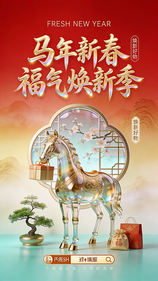 3D重拟物风格，玻璃质感鎏金骏马承载新春祝福，中式窗景与梅花点缀，红金配色尽显喜庆奢华，营造浓厚节日氛围。