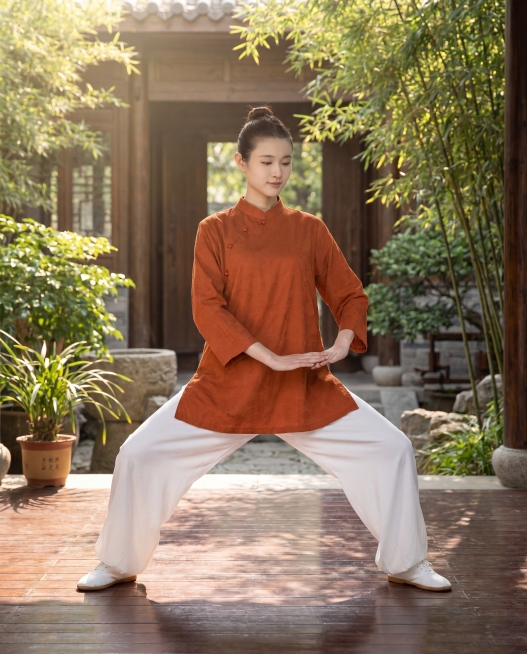 保持图中的女性模特人物、焦糖红色暗纹太极服和白色裤子不变，保持人物整体结构和服装版型不变，将背景更换为安静雅致的中式庭院，庭院有木质地板和绿植，阳光透过树叶洒下斑驳光影，模特保持太极拳扎马步动作，可微预览效果