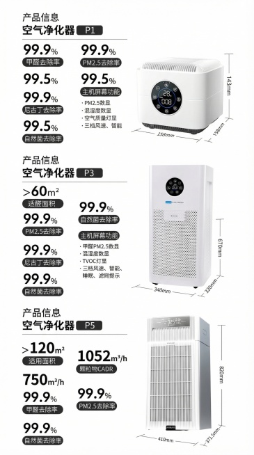 保留三张图片中所有产品信息、产品外观尺寸不变，删除所有价格和购买按钮，将P1、P3、P5三款空气净化器信息整理到同一张竖版图片中，布局从上到下排列整齐清晰，保持原有排版风格统一，整体美观协调预览效果