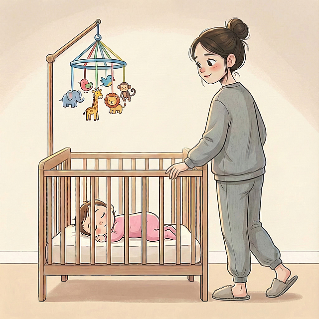改成妈妈背对婴儿床，轻轻离开