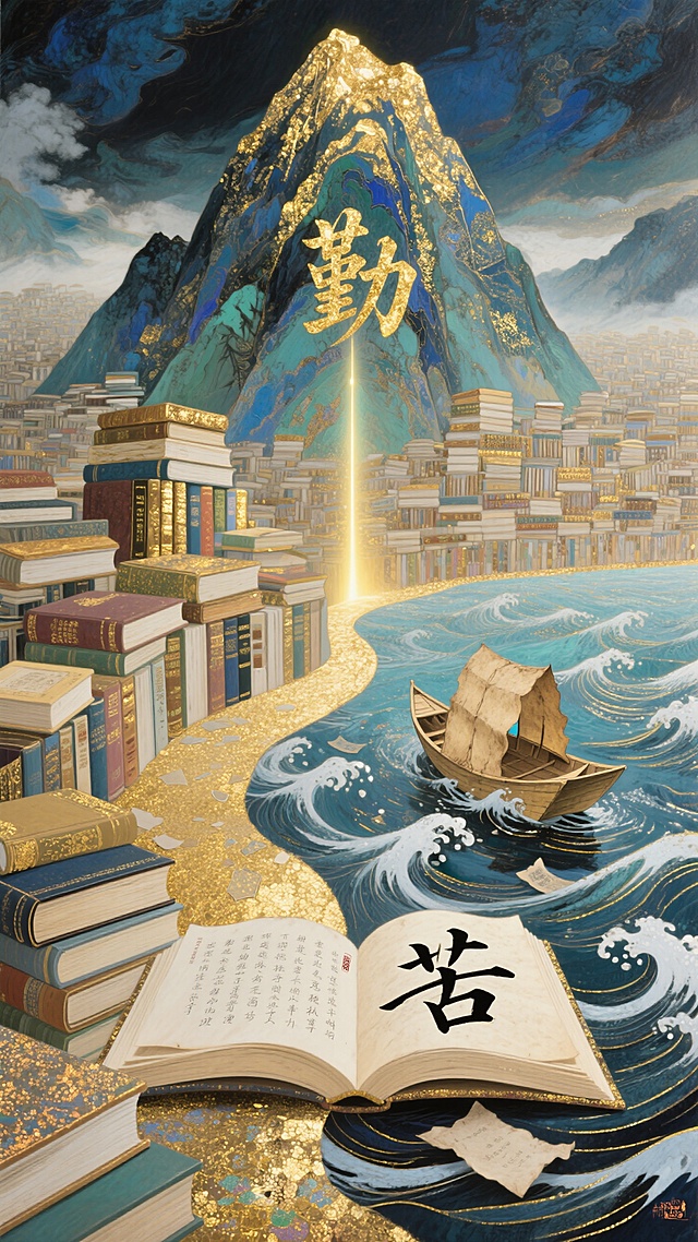 古典中式插画风，鎏金大字“勤”闪耀，书山书海超现实，波涛中帆船寻知，尽显勤苦智慧。