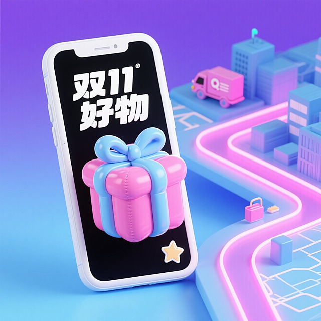 软3D风+霓虹灯风，未来感与梦幻感交织，手机屏幕中弹出粉色礼盒，搭配微缩城市与快递车，营造甜蜜可爱、科技感十足的双11购物狂欢氛围。