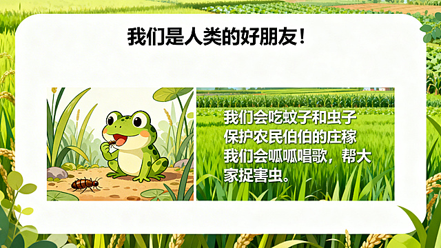 幼儿园PPT内页，标题文字"我们是人类的好朋友！", 文字内容：我们会吃蚊子和虫子 保护农民伯伯的庄稼 我们会呱呱唱歌，帮大家捉害虫,插画展示小青蛙吃害虫，绿色农田背景，可爱卡通风格，文字清晰，图文对半排版