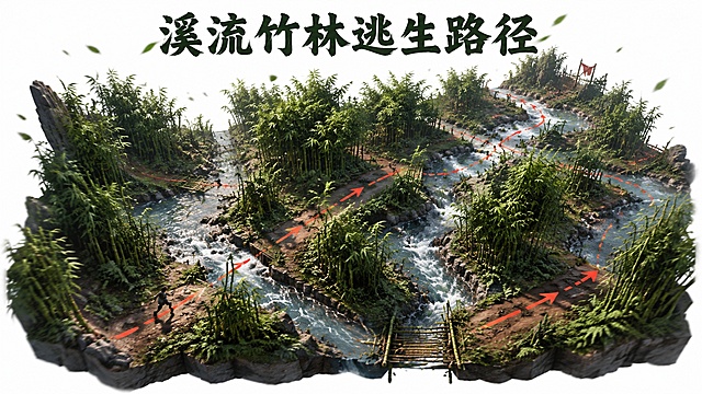 （把生成图片的上方加入（溪流竹林逃生路径）文字）

3D动漫风格，16:9，电影级环境设计稿，纯白背景。

竹林溪流交错区域：

结构：
竹林与溪流交替分布的复杂逃生地形。

细节：
竹叶密集，地面潮湿，溪水浅而快速流动。

动态感：
风吹竹叶形成方向性流动。

氛围：
追逐逃生路径、紧张、速度感强。