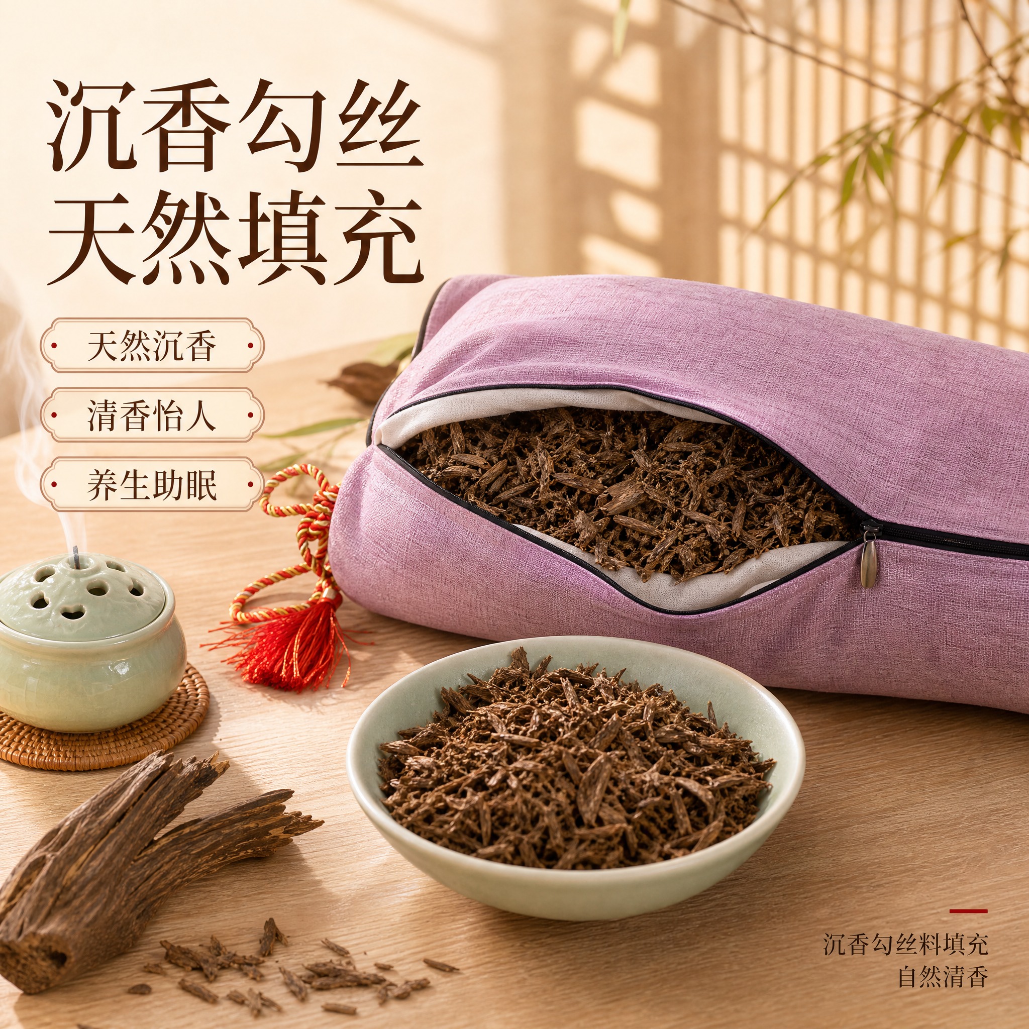 [主图-5] 沉香勾丝料枕头沉香填充原料展示，突出天然沉香勾丝… - 图片创意预览