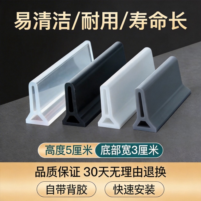 基于原图制作电商主图，顶部展示"易清洁/耐用/寿命长"，中间将四款挡水条呈扇形排列展示，底部用金色背景突出"品质保证 30天无理由退换"，整体高端大气预览效果