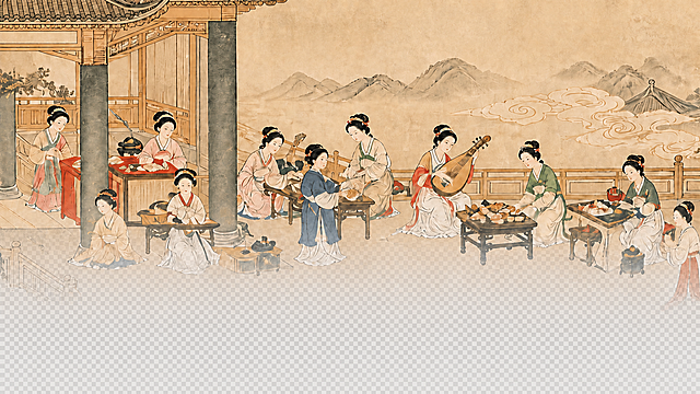 将这张图片的白色背景部分变为透明，输出为透明背景的PNG图。

保留画面上半部分的宋代古画长卷内容（古代宫廷女子、亭台楼阁、山水祥云），下半部分的渐变溶解区域保持渐变透明效果——从上到下由不透明的古画逐渐过渡到完全透明。

【要求】：
- 古画主体部分保持完整不透明
- 下半部分的白色渐变区域替换为透明渐变，越往下越透明
- 底部完全透明
- 过渡自然柔和，没有生硬边界
- 输出为透明背景的PNG格式