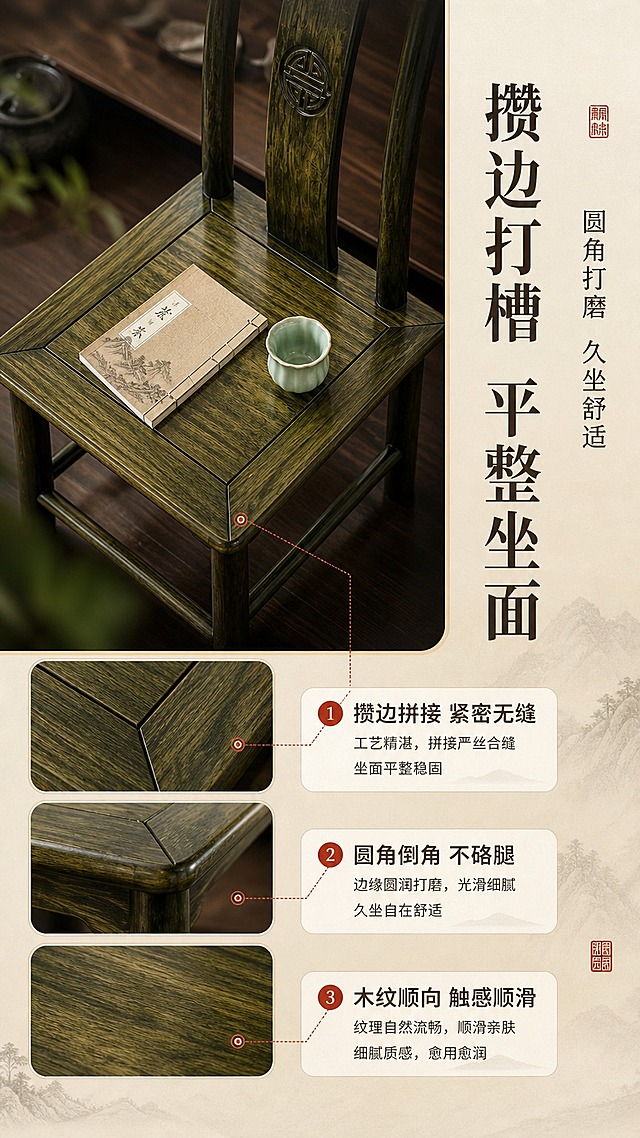 [商品] 使用【图1】金丝楠木官帽椅（乌木色）；重点展示坐面的攒边打槽工艺、边缘倒角处理与木纹走向；保留坐面平整光滑质感。
[画面] 目标：坐面细节页，展示坐面工艺与舒适度。俯视角特写构图，椅子坐面占据画面中心约60%，略微俯视角度。展示坐面四边攒边拼接的缝隙、圆角倒角处理、以及坐面木纹的整体排布。坐面上放置一本线装书和一个青瓷茶杯，增加生活气息与尺度参照。背景为深棕色木质桌面，虚化处理。
[视觉] 套系策略：风格=新中式东方雅致商业摄影；标题字=宋体粗体（思源宋体Heavy）；正文字=简洁黑体（思源黑体Regular）；主色=乌木深绿棕；背景延展=基于乌木棕做深浅层级、米杏色宣纸质感底、同色系渐变；强调色=朱砂红，仅用于小面积印章、引线和标签；标题色=深炭棕；正文色=暖灰棕；组件=细线引线、圆角米白底信息卡、中式印章元素；光影=顶部柔光，均匀照亮坐面，突出木纹与拼接工艺。
[文字] 右侧竖列文案：主标题「攒边打槽 平整坐面」，副标题「圆角打磨 久坐舒适」，引线标注3处细节「攒边拼接 紧密无缝」「圆角倒角 不硌腿」「木纹顺向 触感顺滑」。文字均横排。
[规格] 图片比例9:16竖版，1K，high quality。避免变形、错字、文字过小、冷蓝背景、坐面不平整、出现极限词。