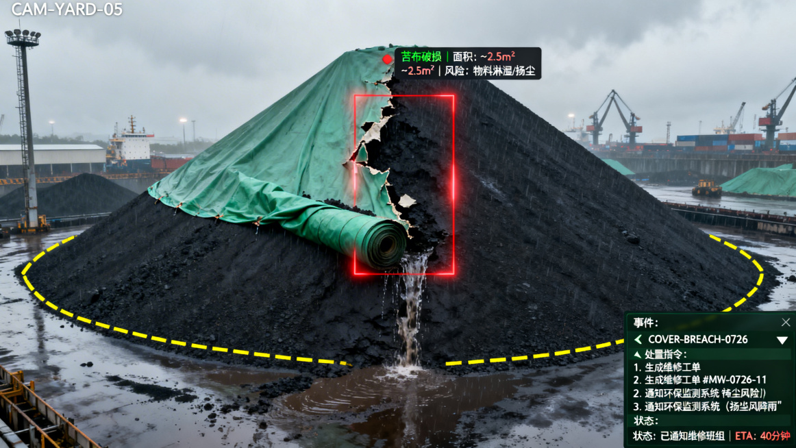港口散货堆场中控室监控屏幕，显示着来自堆场高杆全景摄像头（CAM-YARD-05）的实时画面。时间为雨后阴天，一个大型煤炭堆场的锥形料堆侧面，一大块绿色防尘苫布边缘被撕裂卷起，露出下方的黑色煤堆，雨水预览效果
