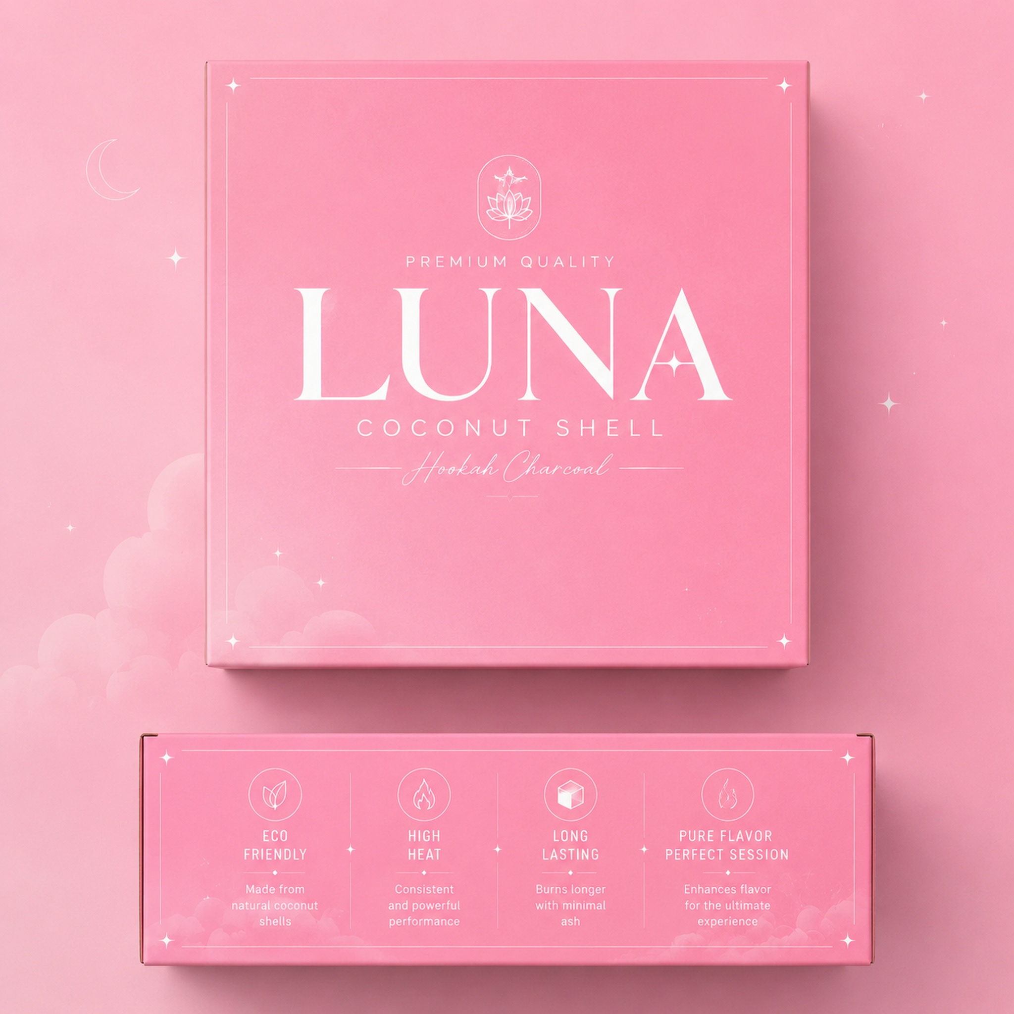 基于当前粉色LUNA水烟炭包装正面设计，生成方形包装盒的侧视图… - 图片创意预览