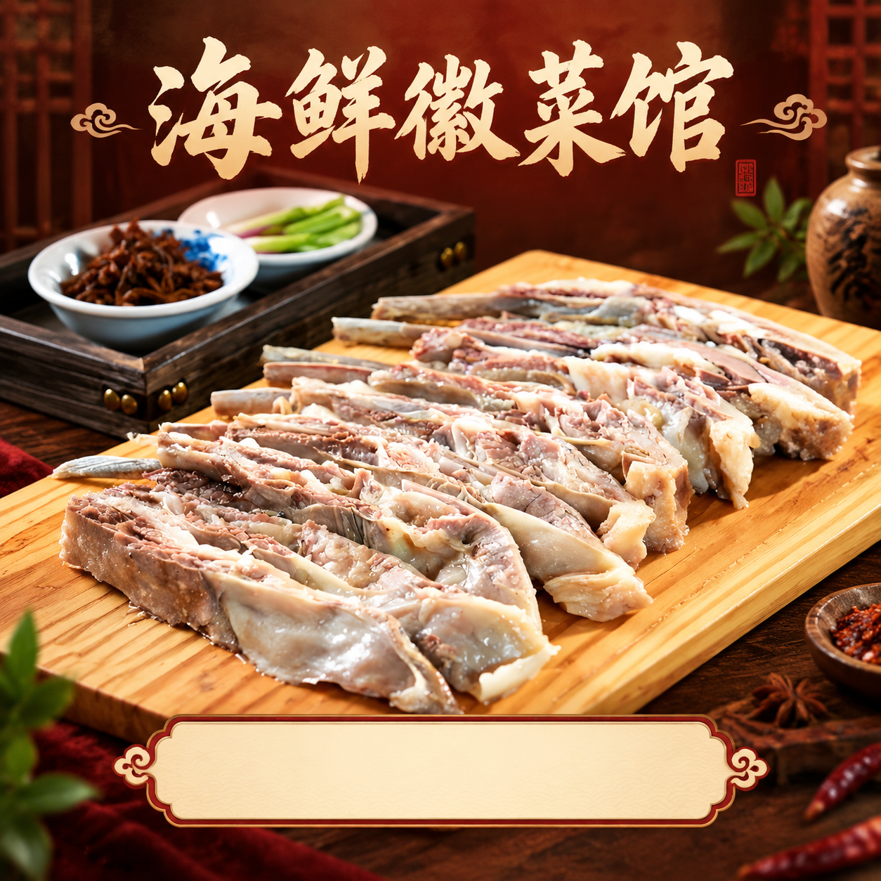 基于上传的菜品图片，制作一张正方形中式餐饮海报。画面顶部居中放… - 图片创意预览