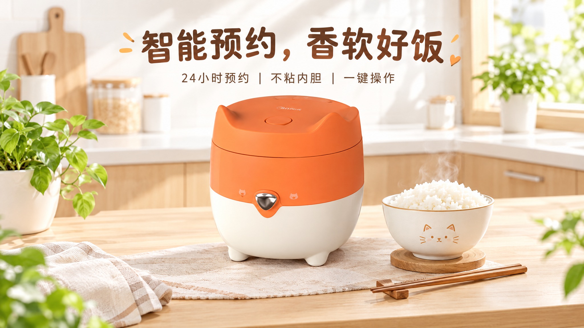 基于参考图中的橙白配色猫耳造型电饭煲，生成现代简约风格电商海报… - 图片创意预览