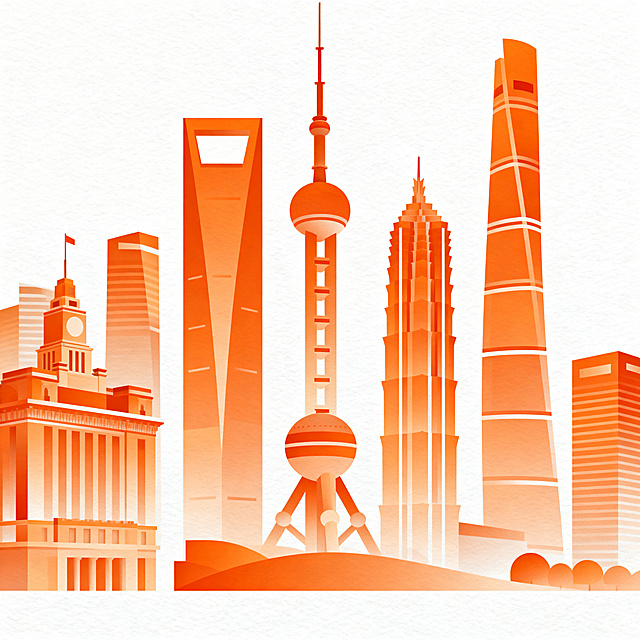 上海陆家嘴四件套简约图形设计，橙色渐变图形主体，白色底色，现代抽象风格，线条简洁明快，色彩过渡自然平滑