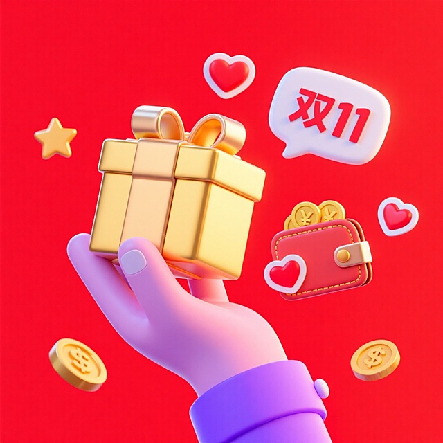 画面中心是一只紫色的手托举着一个大大的金色礼盒，钱包上有冒出一个对话框，里面写着“双11”，钱包上粘有一些红色爱心和金币的贴纸。四周围绕着几个星星，红色背景。