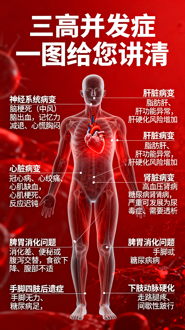 科普宣传图，红色警示风格，标题为"三高并发症 一图给您讲清"，整体背景为红色调突出警示意味。画面中心放置一幅人体轮廓图，在人体图对应部位标注以下并发症内容：1.心脏位置标注：心脏病变：冠心病、心绞痛、心肌缺血，心肌梗死、心慌胸闷。2.头部区域标注：神经系统病变：脑梗死（中风）、脑出血，记忆力减退、反应迟钝。3.右上腹部标注：肝脏病变：脂肪肝、肝功能异常，肝硬化风险增加。4.腰部两侧标注：肾脏病变：高血压肾病、糖尿病肾病，严重可发展为尿毒症、需要透析。5.腹部标注：脾胃消化问题：消化差、便秘或腹泻交替，食欲下降、腹部不适。6.四肢标注：手脚四肢后遗症：手脚无力、糖尿病足，下肢动脉硬化：走路腿疼、间歇性跛行。整体设计清晰醒目，医疗科普风格。