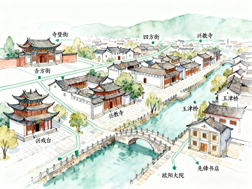 手绘风格云南沙溪导览图，包含寺登街、四方街、古戏台、兴教寺、玉津桥、欧阳大院、先锋书店，标注景点名称，线条柔和色彩清新，适合八年级学生使用预览效果